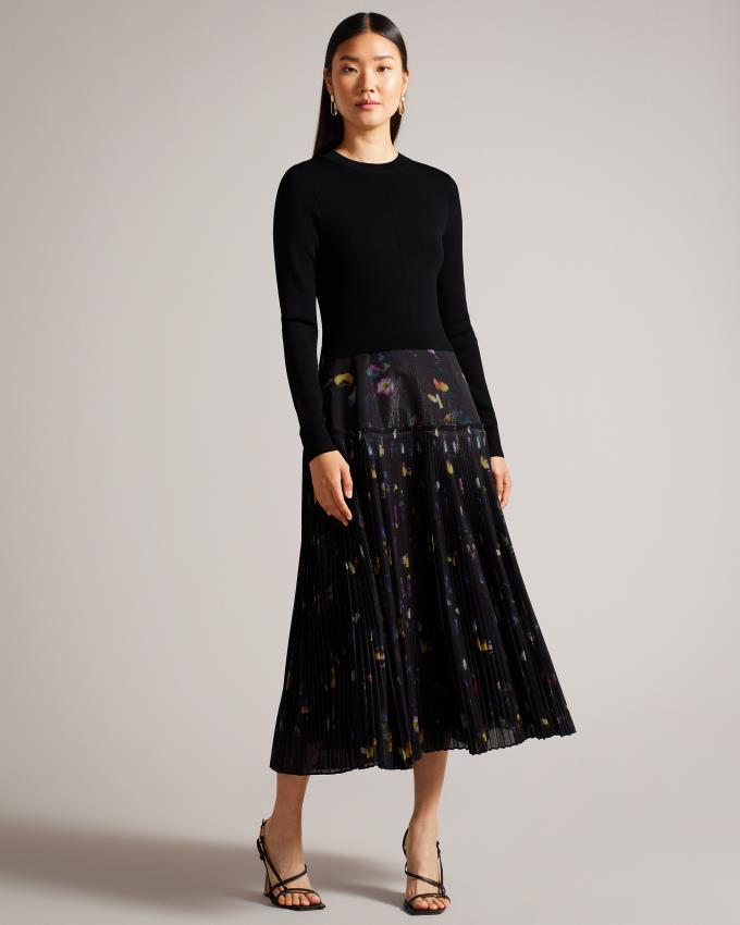 Peignoir Ted Baker Maxi With Pleated Floral Noir Femme | MKO-79847465